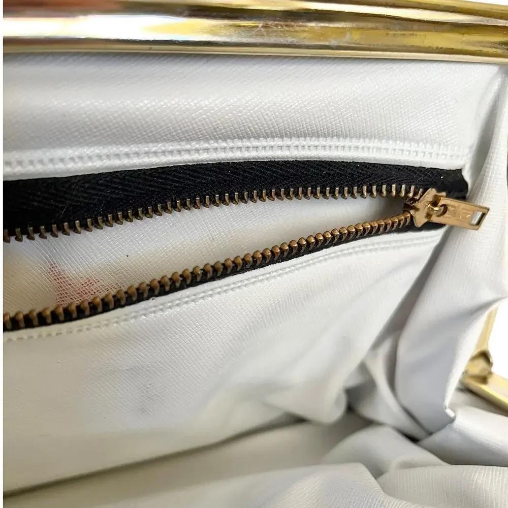 Vintage Ivory White Leather Criss-Cross Accent Frame Handbag Satchel